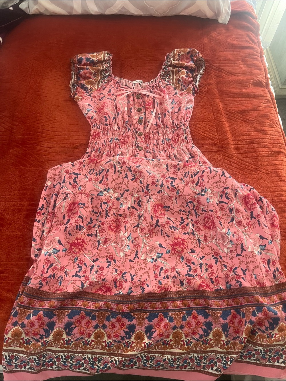 Ost Pink Floral Smocked Waist Dress with Puff Sleeves